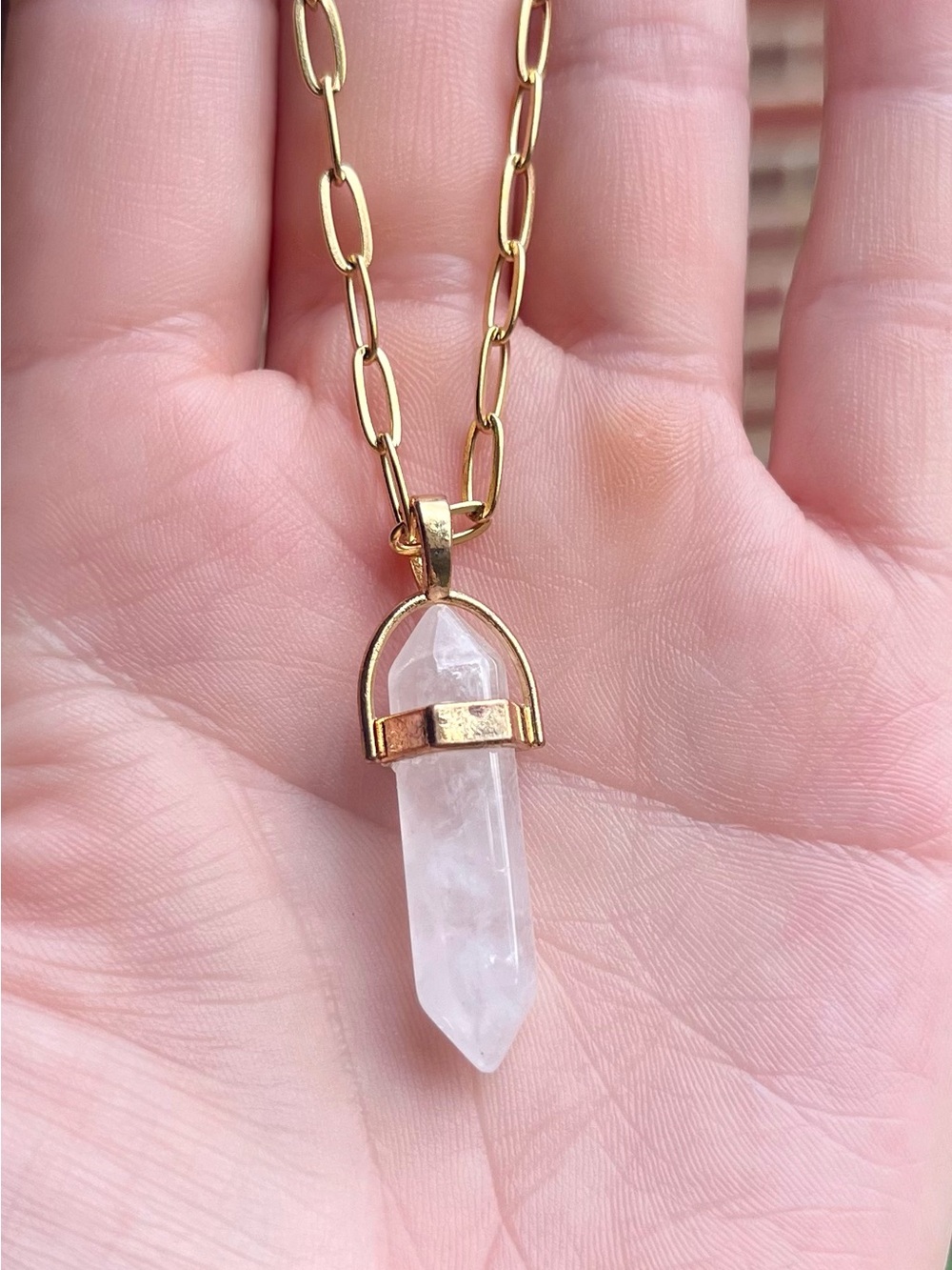 Gold paper clip Chain Necklace with Clear Quartz Point Pendant